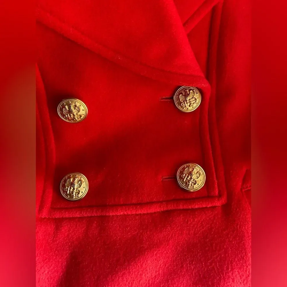 J. Crew Pea Coat Womens Red 100% Wool Nello Gori Gold Button Classic Sz 4
